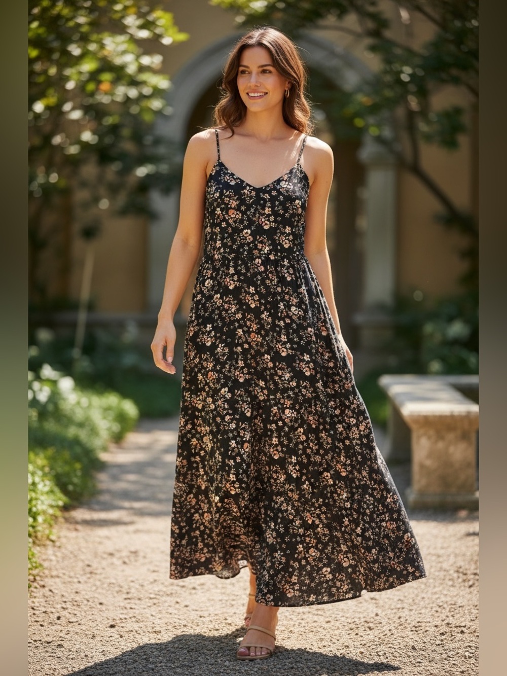 NWT Knotsisters Black Floral Spaghetti-Strap Maxi Dress, with cinching back Sz S